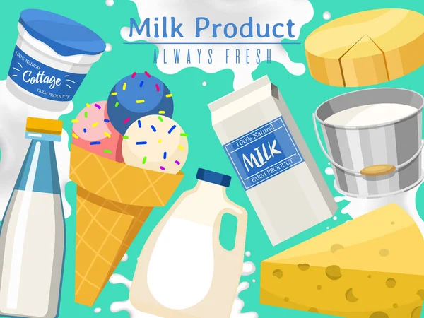 Zuivelproducten of melkset vector illustratie. Vers, kwaliteit, biologisch voedsel banner, poster. Geweldige smaak en voedingswaarde. Melk, kaas, yoghurt, kwark, roomijs. — Stockvector