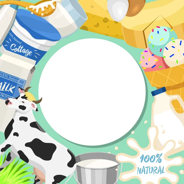 Fresh dairy products concept round pattern vector illustration. Organic, quality food. Great taste and nutritional value. Farm animal milk, ice cream and cottage cheese. — Stock Vector