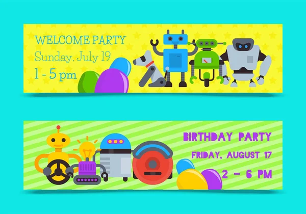 Robot waving with robotic dog friend design for kid party set of banners vector illustration. Birthday party welcome. Celebration. Futuristic artificial intelligence technology. — Stock Vector
