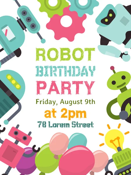 Robot waving, robotic humanoids for kid party poster vector illustration. Happy birthday party welcome. Celebration for children. Futuristic artificial intelligence technology. — Stock Vector