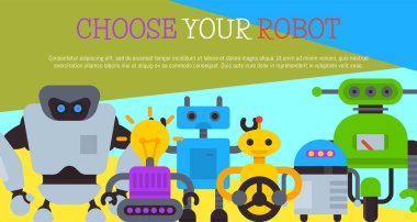 Araba tekerleği ile Robot, çocuk parti poster vektör illüstrasyon için robotik humanoids. Mutlu yıllar partisi hoş geldiniz. Fütüristik yapay zeka teknolojisi. Elektronik cihaz.
