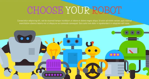 Robot con ruota dell'auto, umanoidi robotici per illustrazione vettoriale poster di festa per bambini. Buon compleanno, benvenuto. Tecnologia futuristica di intelligenza artificiale. Dispositivo elettronico . — Vettoriale Stock