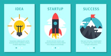 Afiş, kart vektör illüstrasyon başlangıç proje stratejisi kümesi. Dijital pazarlama, srartup planlama analitiği. Başarıya ulaşmak. Yaratıcı ekip. Geliştirme lansmanı. Web sitesi tasarımı.