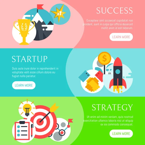 Startup strategy set of banners vector illustration. Digital marketing, srartup planning analytics. Achieving success. Creative team. Development launch for new ideas. Website design. — Stock Vector