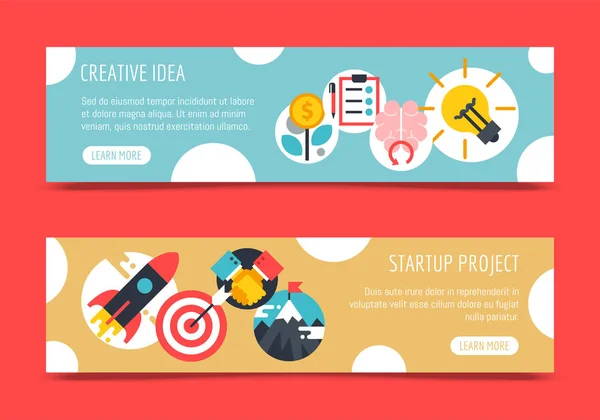 Startup project strategie set van banners vector illustratie. Digitale marketing, srartup planning Analytics. Succes behalen. Creatief team. Development lancering. Website ontwerp. — Stockvector