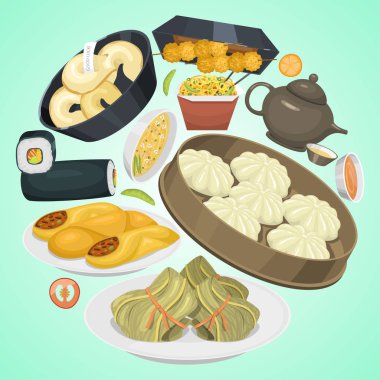 Çin sokak, restoran veya ev yapımı gıda etnik menü vektör illüstrasyon. Asya yemek tabağı. Geleneksel baharatlı meze atıştırmalık posteri. Çin pişirme pazarı veya gıda festivali kültürü.