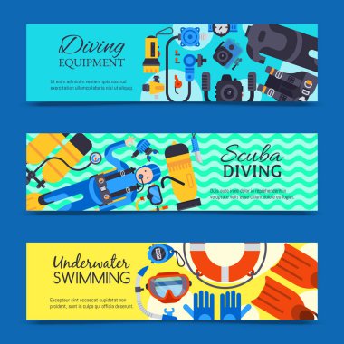 Sualtı dalış spor afiş afiş şablonları vektör illüstrasyon. Su dalış etkinliği tüplü dalış ekipmanları. Aktif yüzme turizm araçları macera. Şnorkel rekreasyon konsepti.
