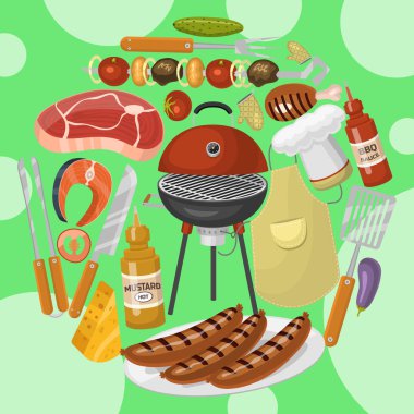 Barbekü piknik parti poster et biftek yuvarlak sıcak barbekü ızgara vektör illüstrasyon kavrulmuş. Parkta Barbekü, afiş tasarım şablonu. Izgara yemek menüsü. Ev yapımı tarifi kart yemek kitabı kapağı.