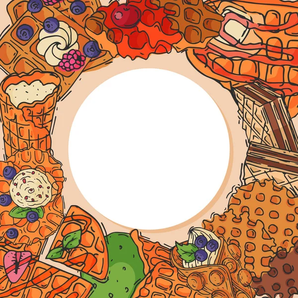 Gevrek gofret, çikolata krema lezzet belçika tatlı çerez poster vektör illüstrasyon. Kremalı tatlı gıda atıştırmalık bisküvi. Waffle lezzetli pastanefis şekerleme karamel.