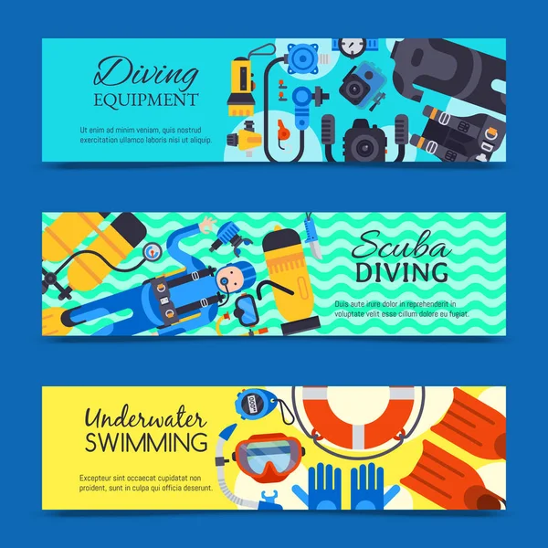 Sualtı dalış spor afiş afiş şablonları vektör illüstrasyon. Su dalış etkinliği tüplü dalış ekipmanları. Aktif yüzme turizm araçları macera. Şnorkel rekreasyon konsepti.