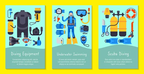Onderwater duiken sport kaarten sjablonen vector illustratie. Duikuitrusting voor water duiken. Actief zwem toerisme gereedschap avontuur. Snorkel recreatie concept. — Stockvector