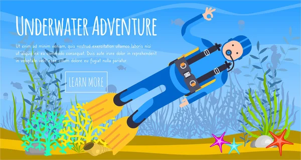 水下潜水运动旗帜海报模板矢量插图。潜水活动潜水设备。活跃的游泳旅游工具冒险。浮潜娱乐概念. — 图库矢量图片
