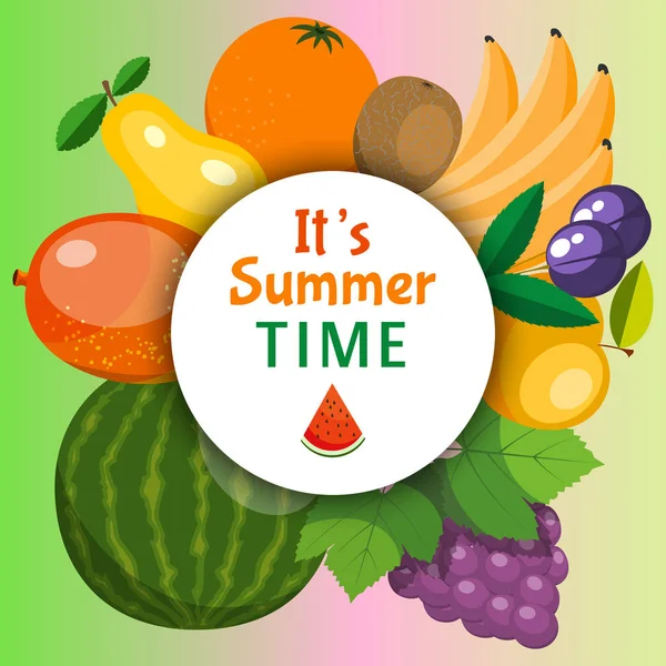 Ovocná skládanky pro čerstvý produkt nebo trh s ovocem. Ilustrace organického a přírodního jídla. Banán, meloun nebo meloun, švestka, pomeranč, hrozny, kiwi, mango, jablko. Letní čas. — Stockový vektor