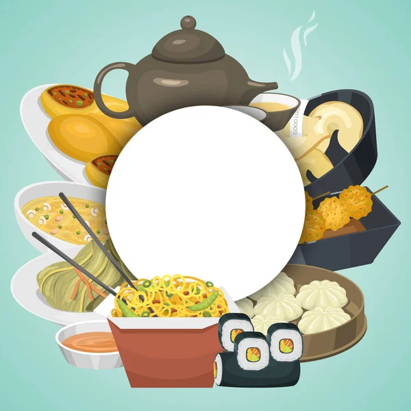 Kínai utca, étterem vagy házi készítésű élelmiszer-etnikai menü vektor illusztráció. Ázsiai vacsora tányér. Hagyományos fűszeres előétel snack plakát. Kína főzés piac vagy az élelmiszer-fesztivál kultúra. — Stock Vector
