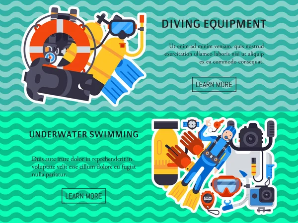 Onderwater duiken sport banner poster sjablonen vector illustratie. Duikuitrusting voor water duiken. Actief zwem toerisme gereedschap avontuur. Snorkel recreatie concept. — Stockvector