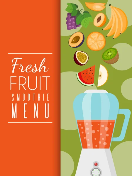 Obstbanner für den Markt für frische Produkte oder Obstbauern. Illustration von organischen und natürlichen Nahrungsmittelvektoren. Banane, Wassermelone oder Melone, Pflaume, Orange, Trauben, Kiwi, Mango, Apfel. — Stockvektor