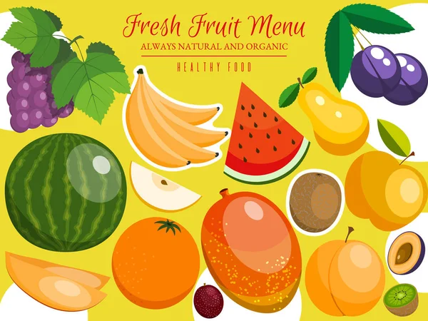 Banner de frutas para produtos frescos ou mercado agrícola de frutas. Ilustração vetorial de alimentos orgânicos e naturais. Banana, melancia ou melão, ameixa, laranja, uvas, quivi, manga, maçã . — Vetor de Stock