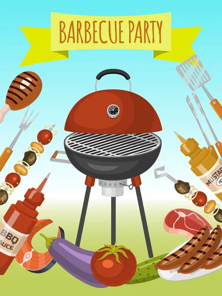 Barbeque picnic party poster meat steak roasted on round hot barbecue grill vector illustration. Bbq in park, banner design template. Grilled food menu. Homemade recipe card cookbook cover. — Stock Vector