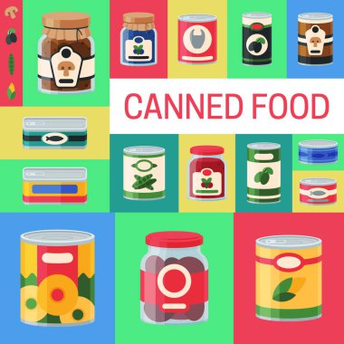 Konserve gıda posteri vektör illüstrasyon. Bitkisel ürün kutulu konteyner metal ambalaj. Çorba muhafaza paketi olabilir. Sağlıklı ürünler bakkal yemeği. Canning lanse çelik kapak dükkanı vejetaryen.