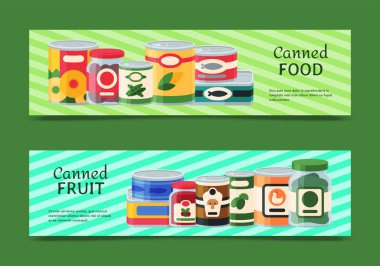 Konserve gıda afiş vektör illüstrasyon. Bitkisel ürün kutulu konteyner metal ambalaj. Çorba muhafaza paketi olabilir. Sağlıklı ürünler bakkal yemeği. Canning lanse çelik kapak dükkanı vejetaryen poster.