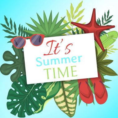 Yaz saati afişi, poster vektör illüstrasyonu. Tropik yapraklar. İnanılmaz avuç içi. Orman yaprakları, bölünmüş yaprak, philodendron bitkisi. Gözlük, parmak arası terlik gibi tatil aksesuarları.