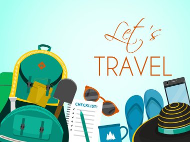 S turistik sırt çantası poster, afiş vektör illüstrasyon seyahat edelim. Gözlük, bardak, şapka, kürek, parmak arası terlik, kalemli kontrol listesi, cep telefonu, meşale gibi turistik aksesuarlar.