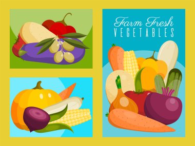 Afiş vektör illüstrasyon Sebze seti. Çiftlik pazarı. Vejetaryen, doğal ve organik ürünler. Taze gıda ile sağlıklı bir yaşam tarzı. Biber, domates, patates, havuç içerir.
