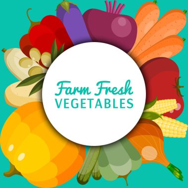 Çiftlik taze sebze yuvarlak desen vektör illüstrasyon. Gıda pazarı. Vejetaryen, doğal ve organik ürünler. Sağlıklı yaşam tarzı. Biber, domates, patates, havuç içerir.