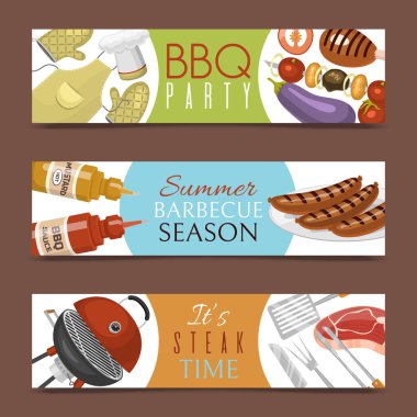 Barbekü piknik parti afiş et biftek yuvarlak sıcak barbekü ızgara vektör illüstrasyon kavrulmuş. Parkta Barbekü, afiş tasarım şablonu. Izgara yemek menüsü posteri. Ev yapımı tarifi kart yemek kitabı kapağı.