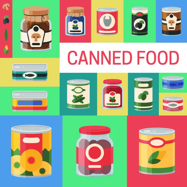 Canned food poster vector illustration (em inglês). Produto vegetal recipiente enlatado embalagem de metal. Sopa conserva pacote pode. Farinha de mercearia saudável. Conserva de aço enlatado tampa loja vegetariana . —  Vetores de Stock