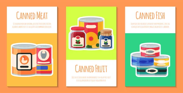 Canned food cards vector illustration. Vegetable product tinned container metal packaging. Soup conserve package can. Healthy goods grocery meal. Canning tinned steel lid shop vegetarian poster. — Stock Vector