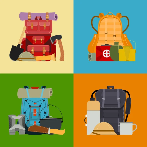 Banner de mochila de acampamento turístico, cartão. Acessórios de viagem ilustração vetorial. Mochilas estilo clássico caminhadas com sacos de dormir. Acampamento e caminhada sacos coloridos e mochilas . — Vetor de Stock