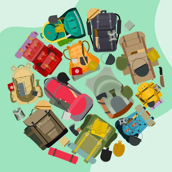 Turista kemping hátizsák kerek mintás. Utazási tartozékok vektoros illusztráció. Klasszikus stílusú túrázás hátizsákok a hálózsákok. Kemping és kirándulás színes táskák és hátizsákok. — Stock Vector