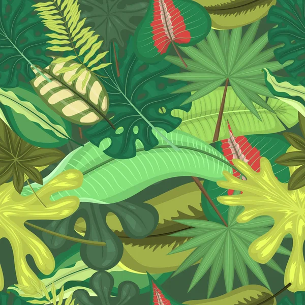Tropický zanechává bezešvé vektorové ilustrace. V letním čase. Úžasné dlaně. Džungle listí, štípané listí, philodendronové rostliny. Dovolená a odpočinek v přírodě. Deštníky. — Stockový vektor
