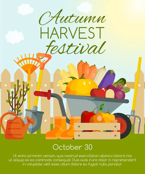 Banner del festival de cosecha de otoño, ilustración del vector de póster. Hortalizas y herramientas para la jardinería como carretilla, llana, horquilla, botas, palas y picas, cortacésped, regadera . — Vector de stock