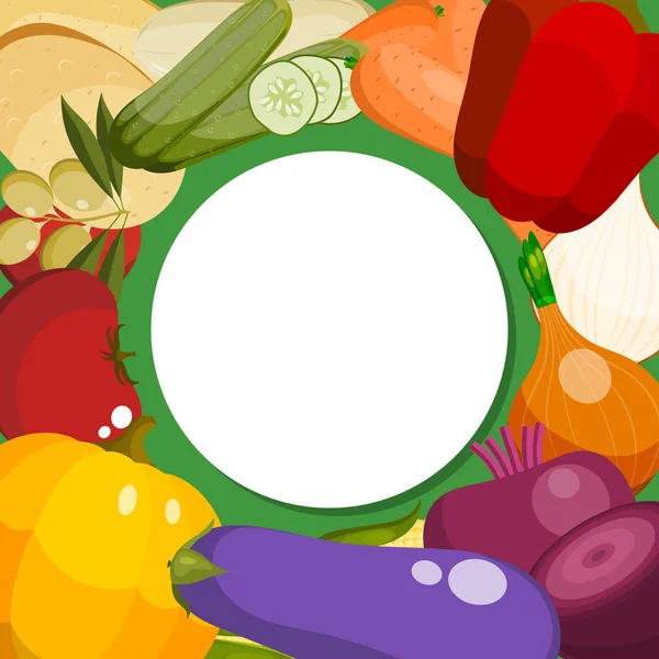 Zeleninovou čerstvou zeleninu kulaté vektorové ilustrace. Trh s potravinami. Vegetariánské, přírodní a organické produkty. Zdravý životní styl. Zahrnuje papriku, rajčete, brambory, mrkev. — Stockový vektor