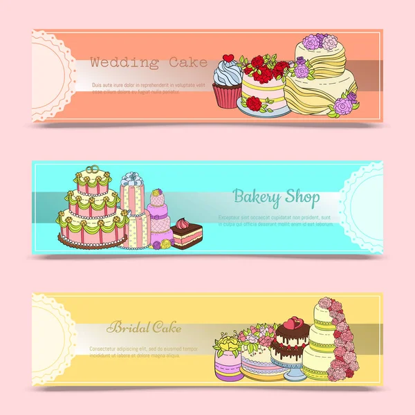 Düğün pastası afiş vektör illüstrasyon. Taze ve lezzetli cupcakes, kek, puding, bisküvi, krem şanti, sır ve serpinti ile tatlı dükkanı için çikolata ve meyveli tatlılar. — Stok Vektör