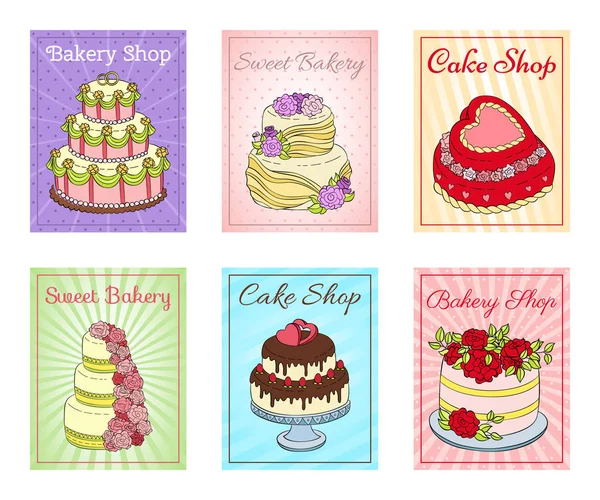 Konditorei Set von Karten Vektor Illustration. Schokolade und fruchtige Desserts für die Konditorei mit frischen und leckeren Cupcakes, Kuchen, Pudding, Schlagsahne, Glasur und Streusel. — Stockvektor