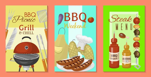 Barbecue picknick partij kaarten vlees steak geroosterd op ronde hete barbecue grill vector illustratie. BBQ in Park, banner ontwerpsjabloon. Gegrilde voedsel menu poster. Zelfgemaakte recept kaart Cookbook cover. — Stockvector