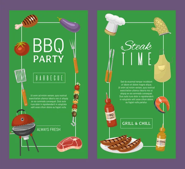 Barbeque picnic party banner meat steak roasted on round hot barbecue grill vector illustration. Bbq in park, banner design template. Grilled food menu poster. Homemade recipe card cookbook cover. — Stock Vector
