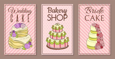 Afiş vektör illüstrasyon Düğün pastası seti. Taze ve lezzetli cupcakes, kek, puding, bisküvi, krem şanti, sır ve serpinti ile tatlı dükkanı için çikolata ve meyveli tatlılar.