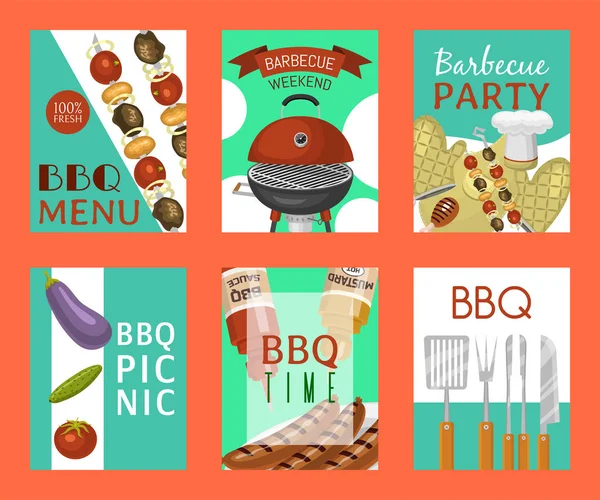 Barbeque picnic party cards meat steak roasted on round hot barbecue grill vector illustration. Bbq in park, banner design template. Grilled food menu poster. Homemade recipe card cookbook cover. — Stock Vector