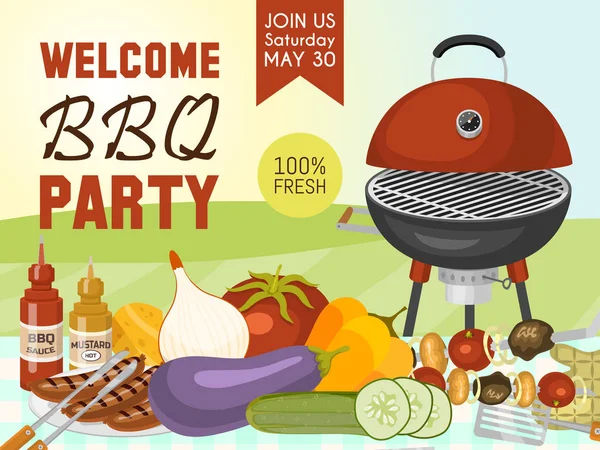 Barbeque picnic party poster meat steak roasted on round hot barbecue grill vector illustration. Bbq in park, banner design template. Grilled food menu. Homemade recipe card cookbook cover. — Stock Vector