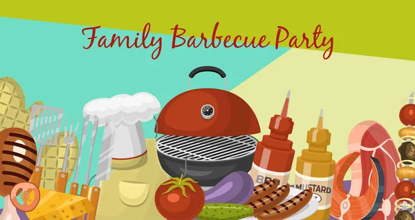 Barbeque picnic party poster meat steak roasted on round hot barbecue grill vector illustration. Bbq in park, banner design template. Grilled food menu. Homemade recipe card cookbook cover. — Stock Vector