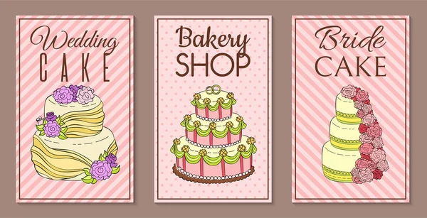 Wedding cake set of banners vector illustration. Chocolate and fruity desserts for sweet shop with fresh and tasty cupcakes, cakes, pudding, biscuits, whipped cream, glaze and sprinkles. — Stock Vector