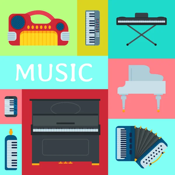 Muziek keyboard instrument spelen synthesizer apparatuur vector illustratie. Harmony performance entertainment elektrische piano poster. Instrumentale Song Orchestra gitaar. — Stockvector