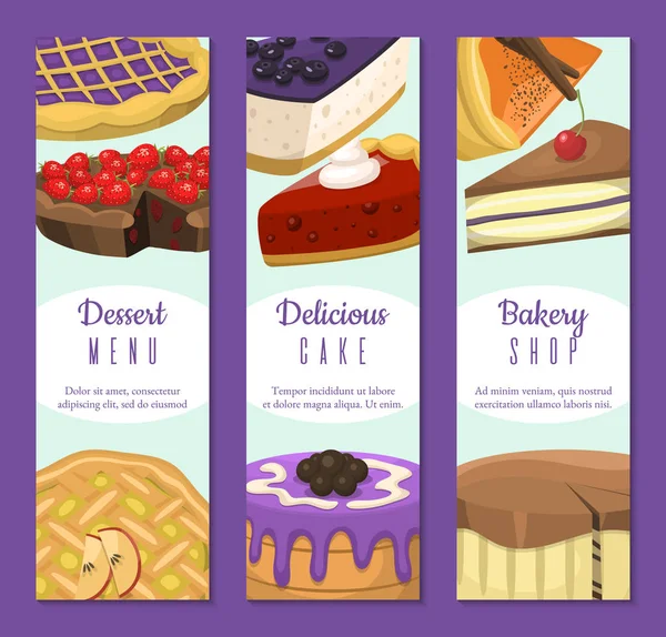 Магазин кейков или векторная иллюстрация карт. Шоколадные и фруктовые десерты для кондитерской с кексами, тортами, пудингом, ягодным печеньем, взбитыми сливками, бериями, глазурью и брызгами . — стоковый вектор