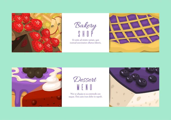 Баннеры из меню булочной или векторная иллюстрация открыток. Шоколадные и фруктовые десерты для кондитерской с кексами, тортами, пудингом, ягодным печеньем, взбитыми сливками, бериями, глазурью и брызгами . — стоковый вектор