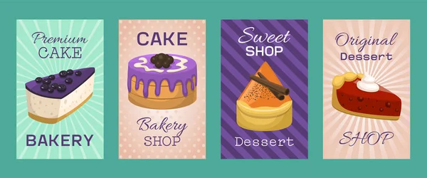 Векторная иллюстрация карточек меню булочной. Шоколадные и фруктовые десерты для кондитерской с кексами, выпечкой, ягодным пудингом, печеньем, взбитыми сливками, берийской глазурью — стоковый вектор