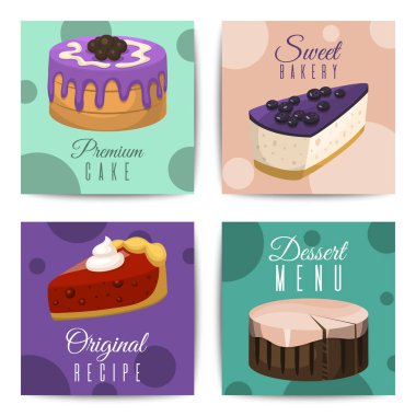 Pişirme dükkanı menü kartları vektör illüstrasyon. Cupcakes, pastane kek, berry puding, bisküvi, krem şanti, beries sır ile tatlı kek dükkanı için çikolata ve meyveli tatlılar